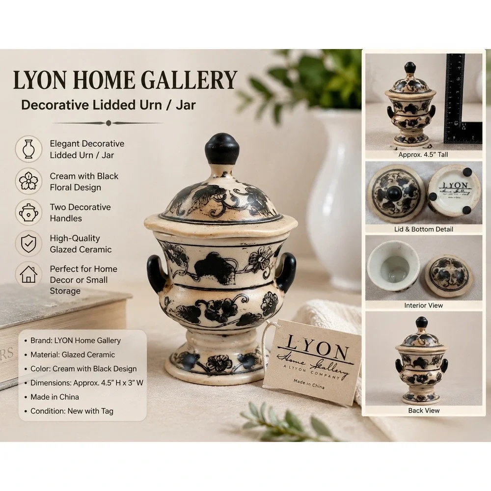 Lyon Home Gallery Cream Black‎ Floral Ceramic Lidded Urn Decorative Jar 4.5